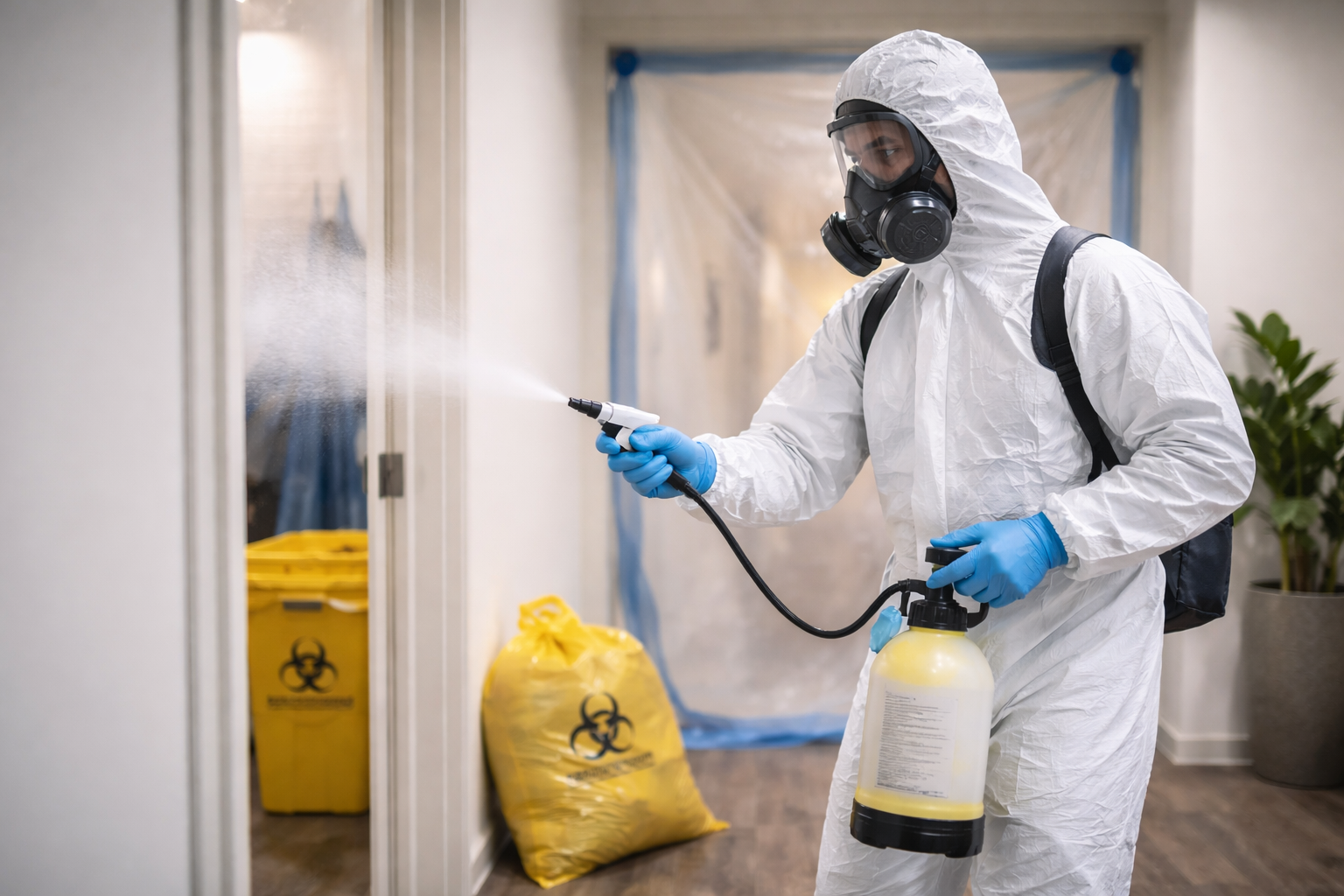 Person in hazmat suit spraying disinfectant in a hallway; yellow biohazard bin and bag present.