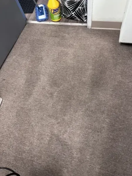 Carpeted room corner with cleaning supplies and a white cabinet in the background