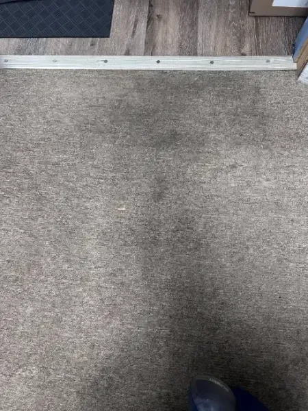 Gray carpeted floor with a metal threshold at a doorway and a shoe tip at the bottom right