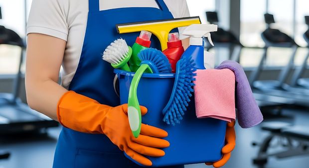 Person in orange gloves holding a blue cleaning caddy with spray bottles, brushes, and cloths