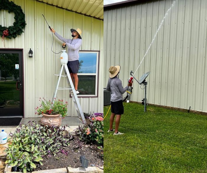 Professionals are working on a pressure-washing project  