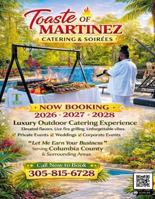 Toast of Martinez catering ad with chef grilling outdoors and booking info for 2026–2028 events