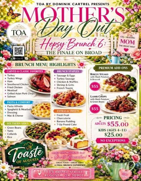 Mother’s Day brunch flyer with floral border, menu highlights, and pricing for brunch buffet and sides.