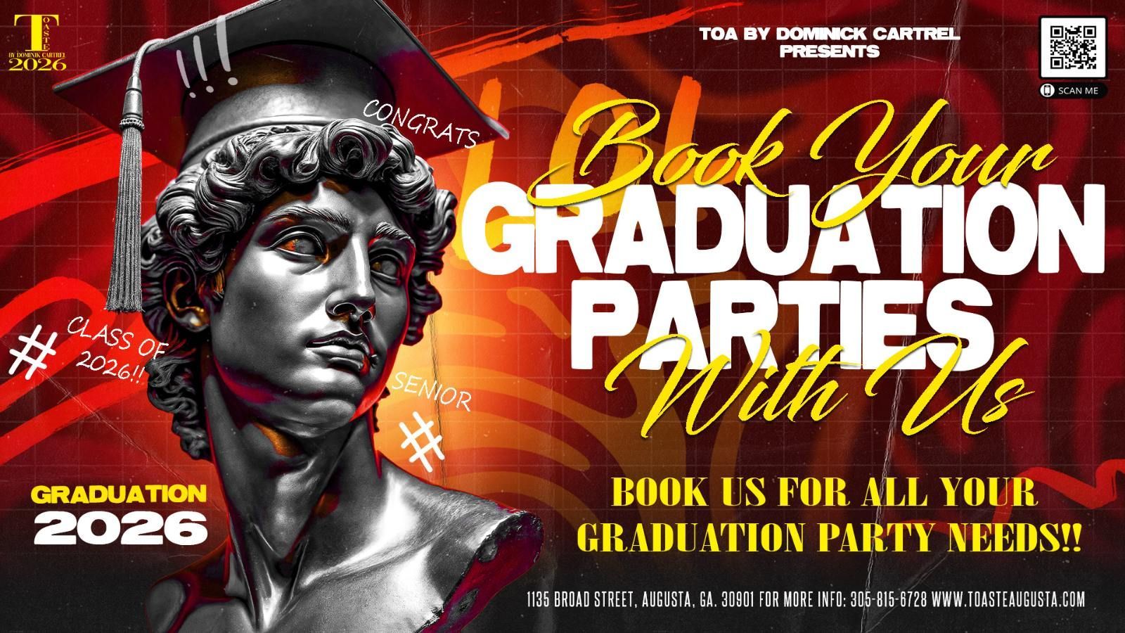 Graduation party flyer with black-and-gold design, portrait illustration, and text about booking all grad party needs