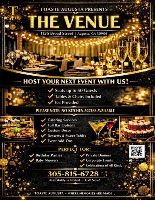Black-and-gold event venue flyer with champagne glasses, catering options, and contact details.