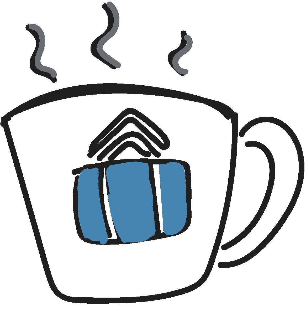 White mug with a blue suitcase and steam.