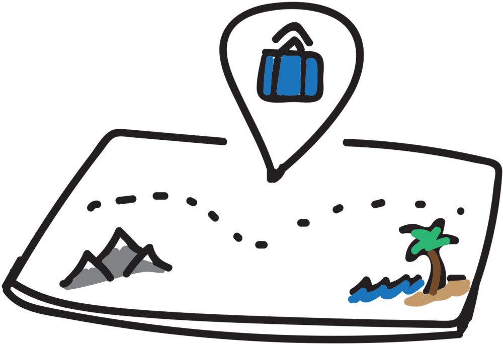 Map with dotted travel route, mountains, palm tree, ocean, and suitcase icon indicating a travel destination.