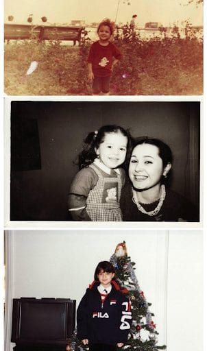 Three childhood photos. A child in a field, then with a woman, lastly next to a Christmas tree.