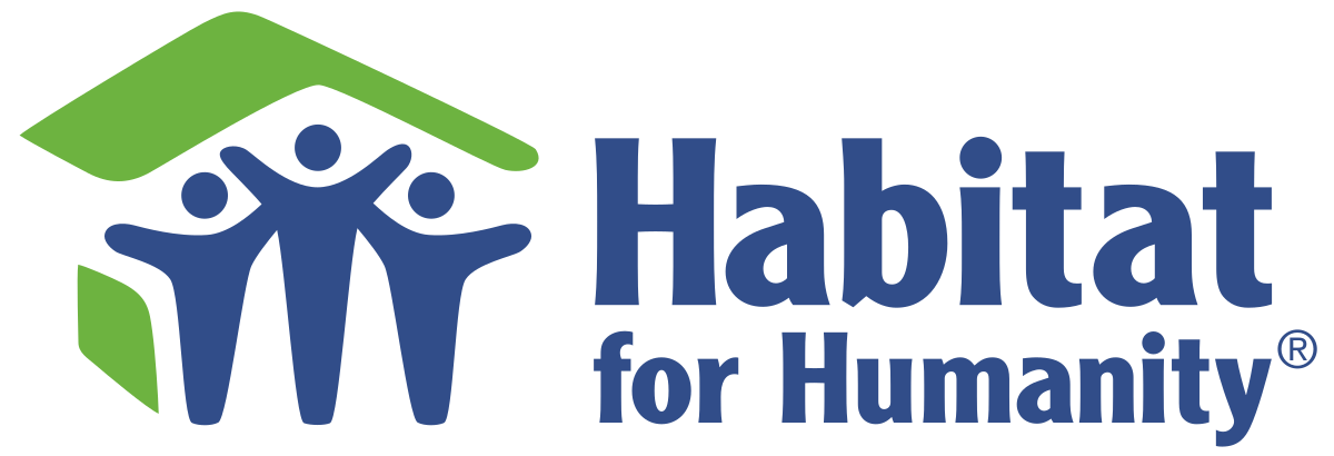 Habitat for Humanity logo: three stick figures under a green roof, with the organization's name in blue text.