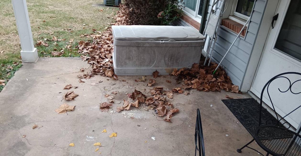 A porch with an old freezer, fallen leaves, and a wrought-iron chair.