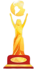 Uma estátua de ouro de uma mulher segurando um globo nas mãos.