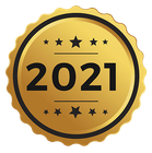 Um distintivo dourado com o ano de 2021 e estrelas sobre fundo branco.