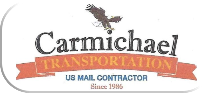 Carmichael Transportation logo with orange ribbon and text “US Mail Contractor Since 1986”