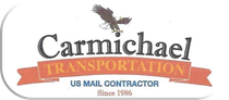 Carmichael Transportation logo with orange ribbon and text “US Mail Contractor Since 1986”