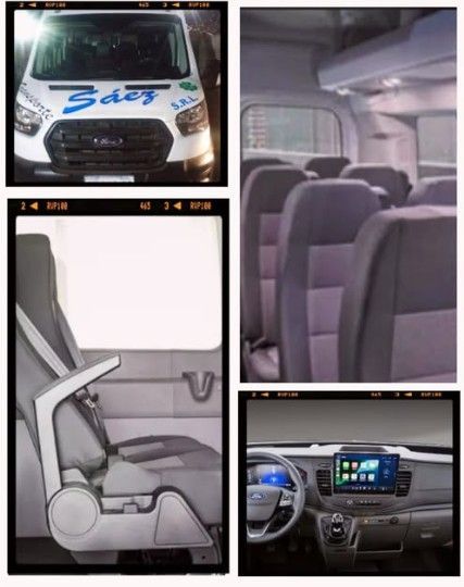 Collage de una camioneta de tránsito blanca: exterior, interior con asientos, apoyabrazos y tablero .