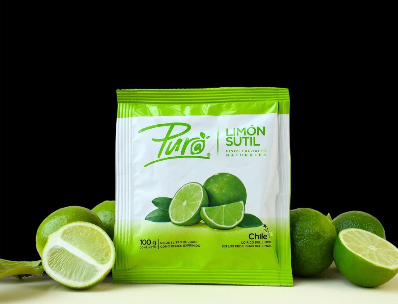 Paquete verde de bebida en polvo de limón sutil