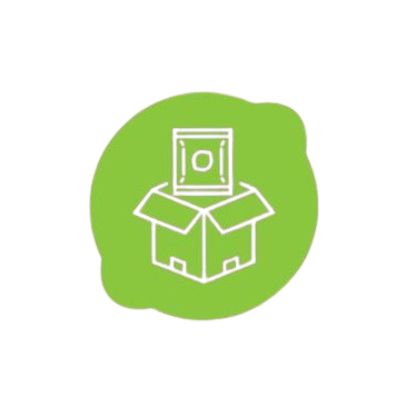 Contorno blanco de una caja que contiene un paquete, sobre una mancha verde.