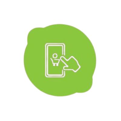 Ícono de círculo verde con una pantalla de teléfono y un carrito de compras, mano tocando la pantalla.