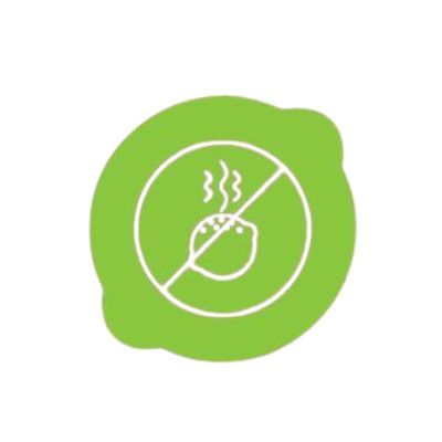 Círculo de color verde lima con un contorno blanco de una fruta cítrica con vapor, tachado por una línea roja.