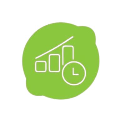 Icono verde con gráfico, reloj y tendencia ascendente.