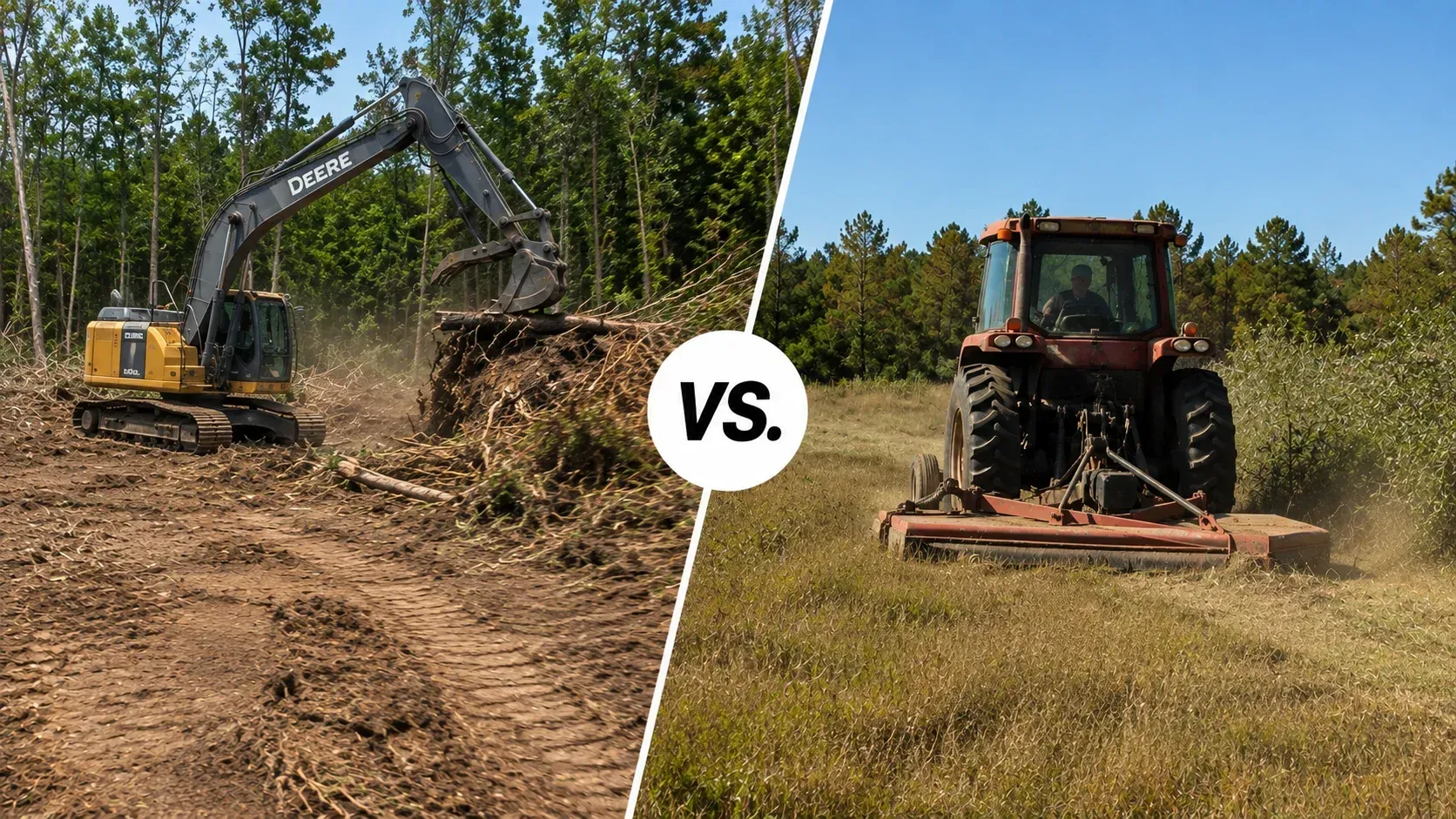 Land clearing vs brush hogging: heavy excavator and mower showing what's the difference?
