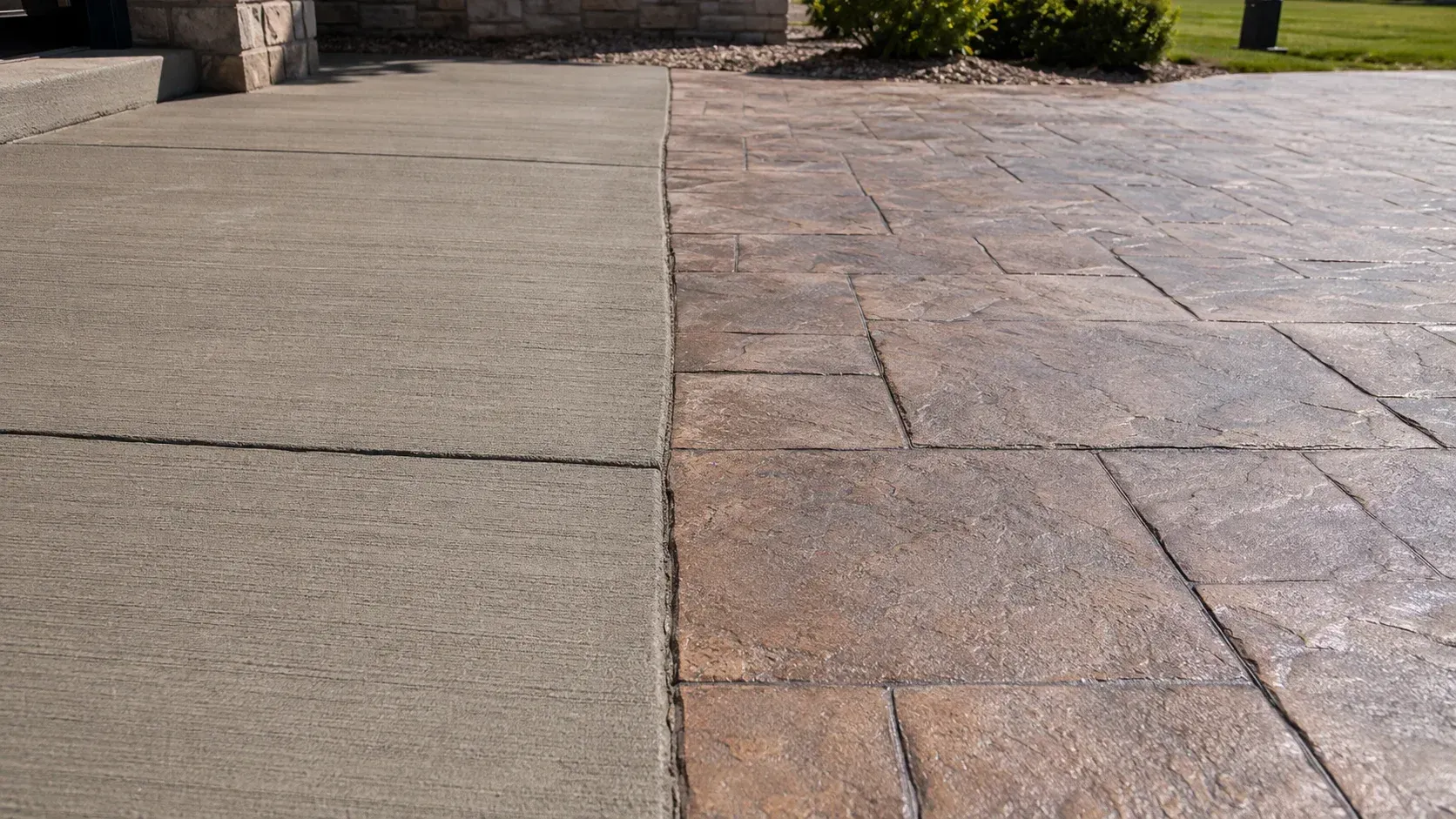 Side-by-side comparison: what's the difference between a broom finish and a stamped concrete finish?