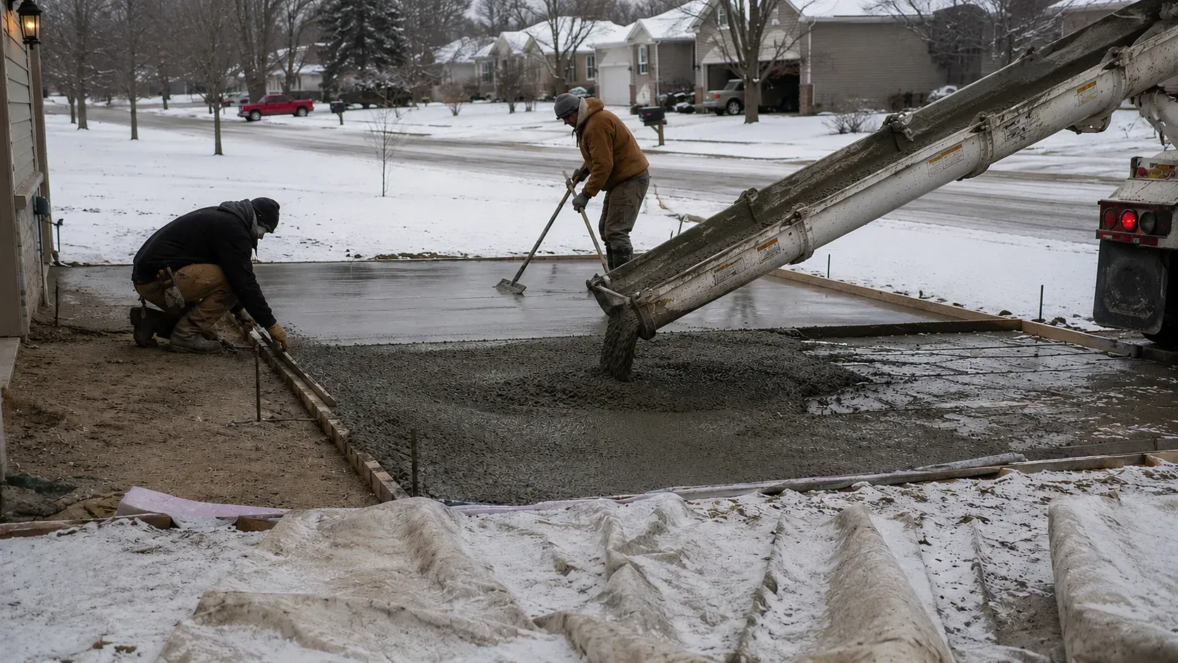 Construction workers pouring fresh concrete outdoors during winter, illustrating can you pour concrete in cold weather in Missouri?