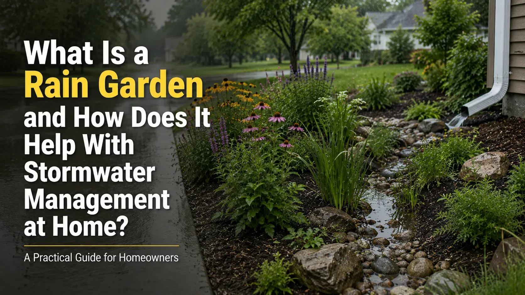 A residential rain garden featuring native plants and a stone drainage channel designed for home stormwater management.