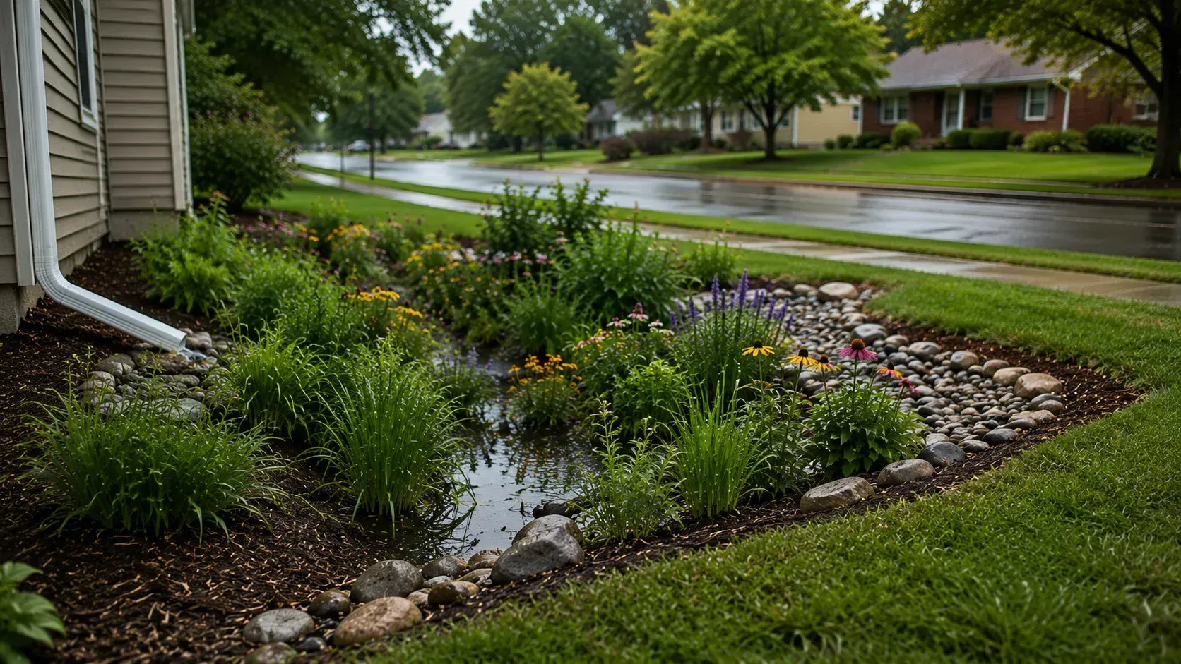 Infographic explaining storm water management with a diagram of a residential perennial rain garden.