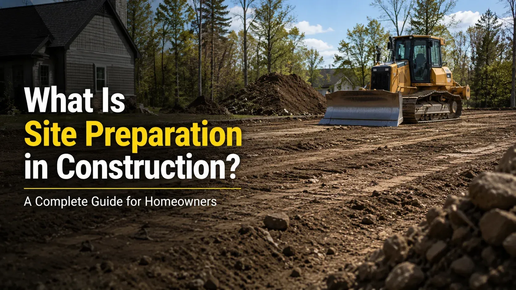 Heavy machinery clearing and grading soil for site preparation on a residential construction lot.