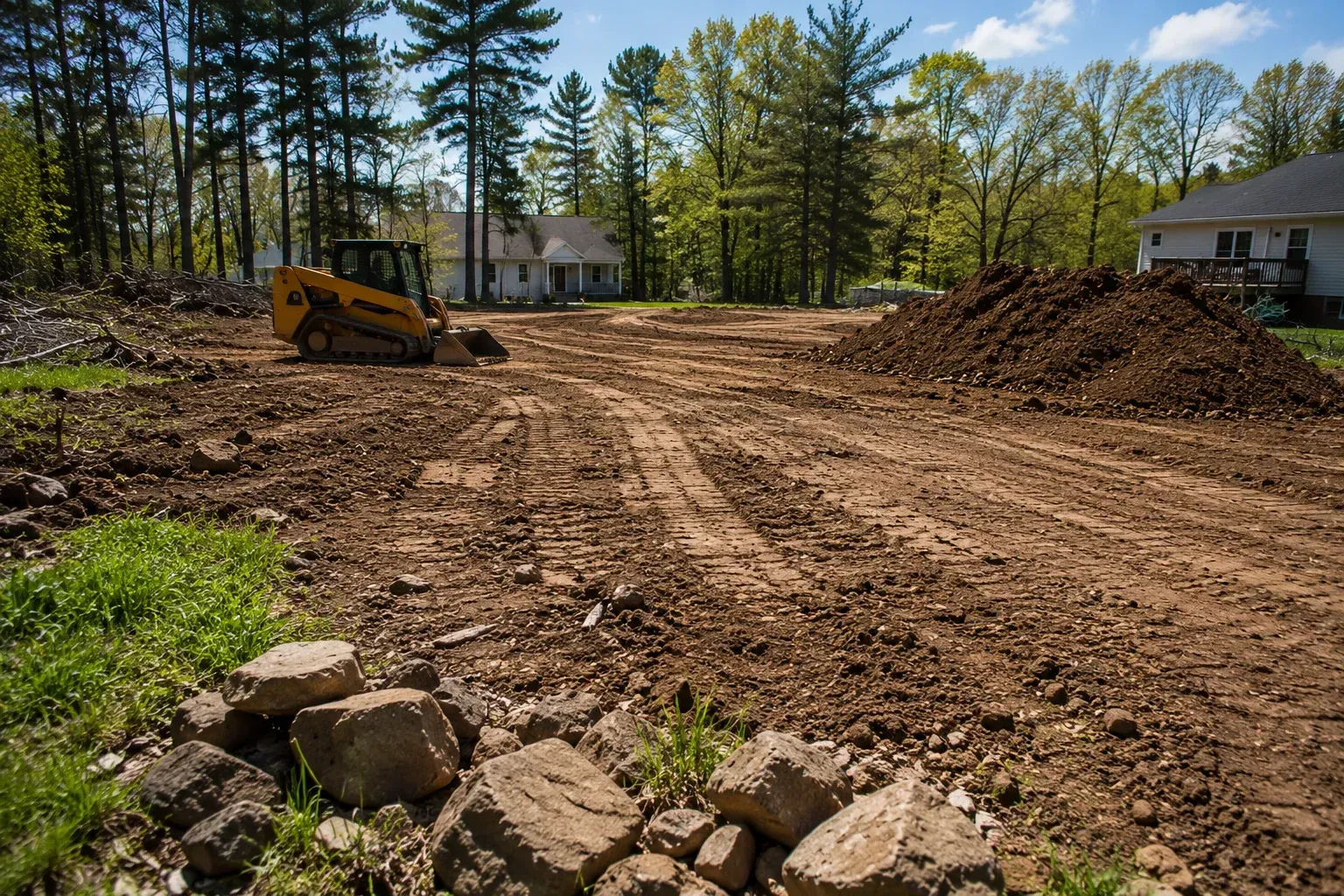 Land grading and site preparation work underway for a new home construction project.