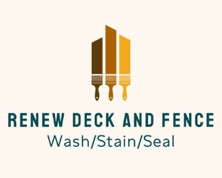 Logo: Vertical brown, dark brown, and yellow paintbrushes above the text "Renew Deck and Fence", and "Wash/Stain/Seal".