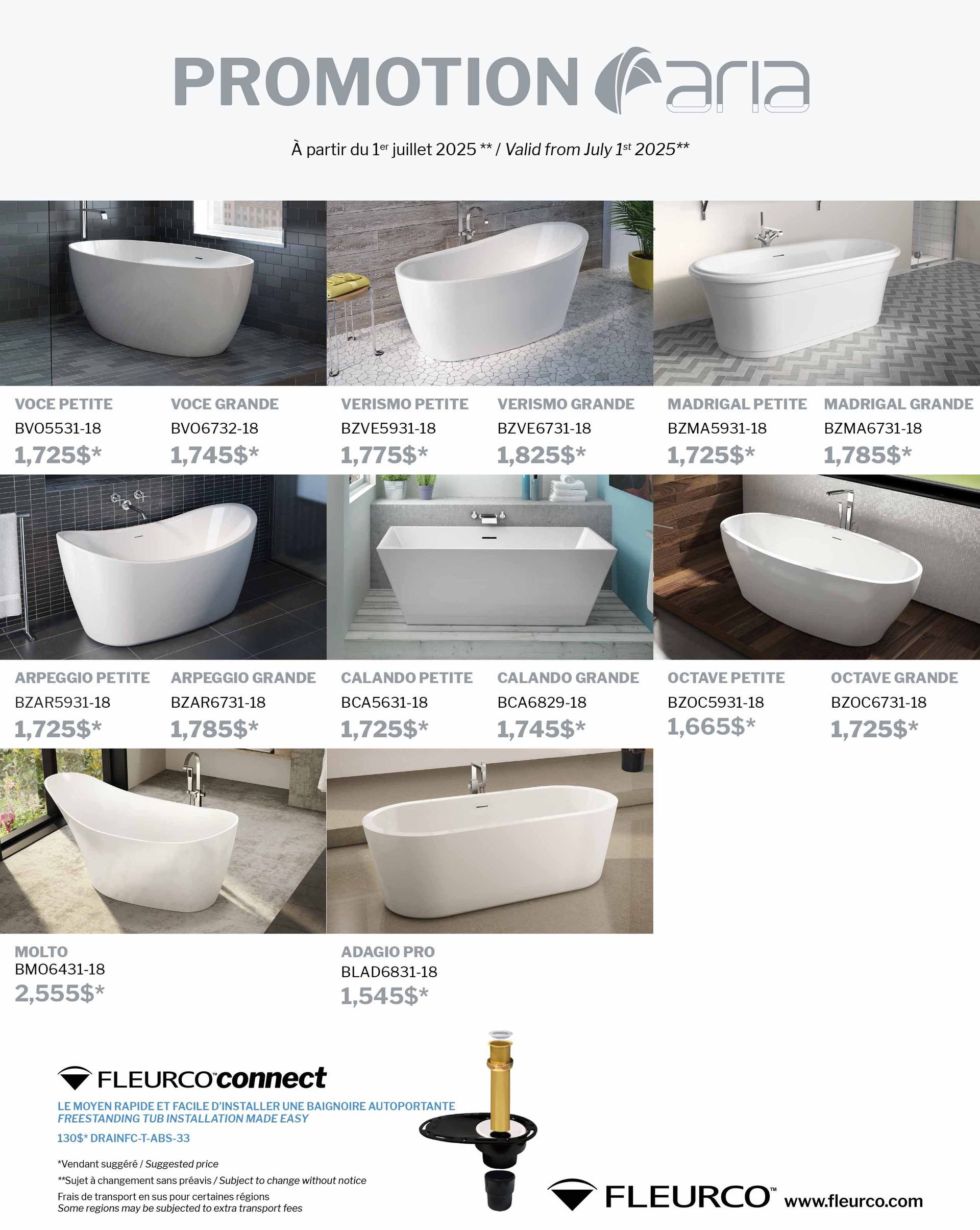Collage promotionnel de baignoires blanches avec prix et logos des marques