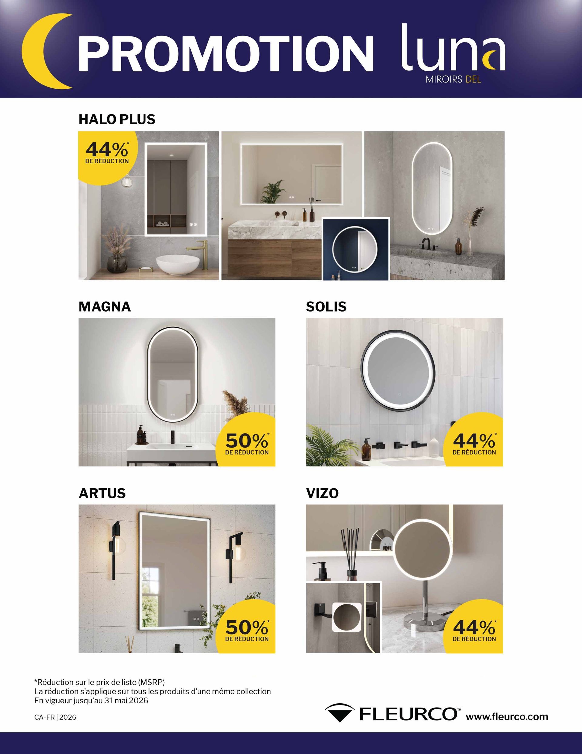 Prospectus promotionnel Luna présentant des miroirs et lavabos de salle de bain, avec de nombreuses photos de produits et des étiquettes de réduction jaunes.