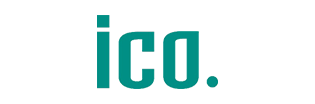 Logo ICO en bleu sarcelle sur fond blanc.