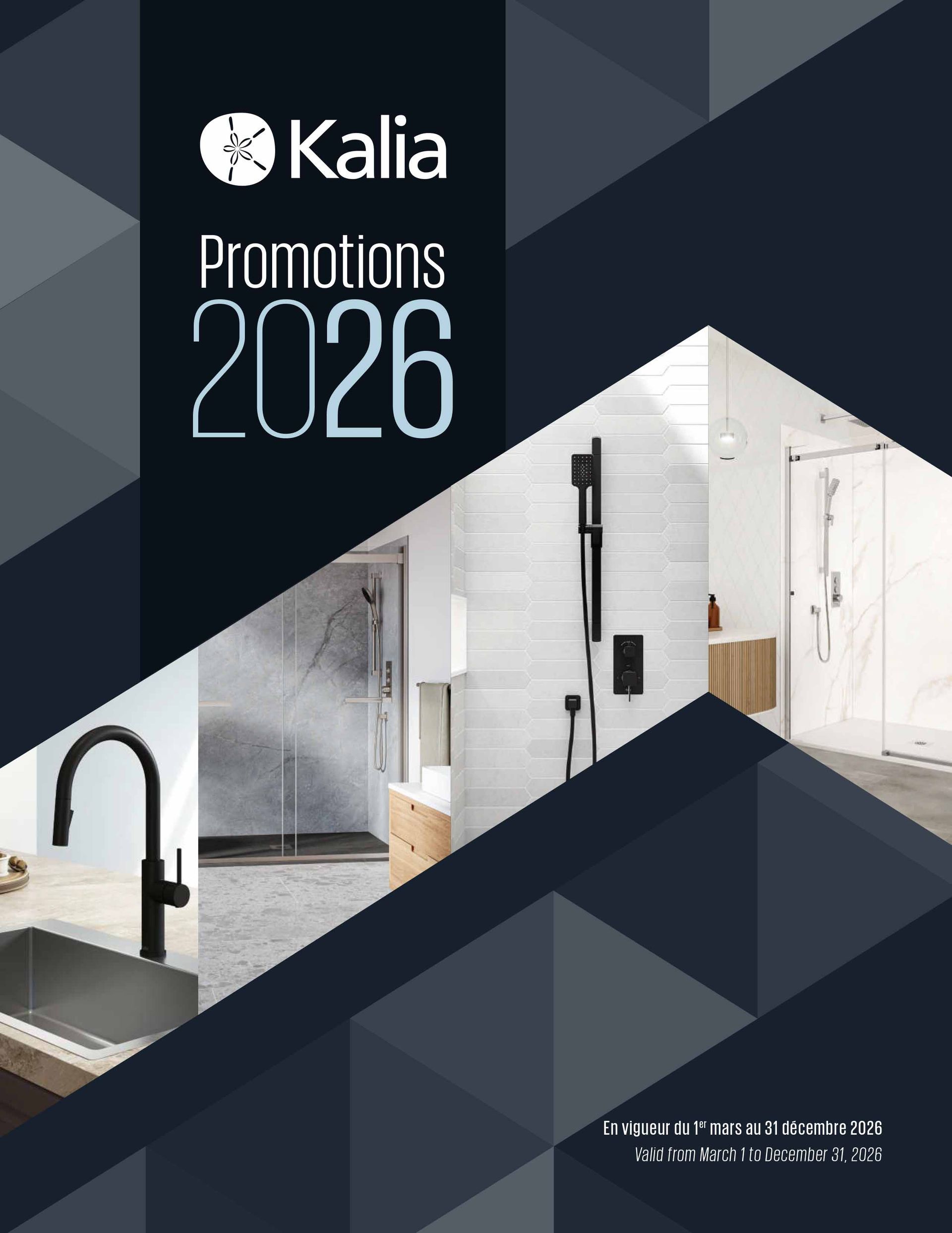 Affiche Kalia Promotions 2026 avec fond bleu marine géométrique et photos de cuisines et salles de bains modernes