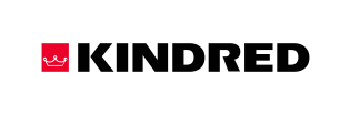 Logo Kindred : texte noir, carré rouge avec couronne blanche.