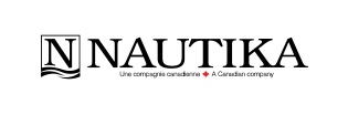 Logo Nautika : un carré avec un « N » à l'intérieur, avec des vagues. Sous les inscriptions « NAUTIKA », « Une compagnie canadienne » et « A Canadian company ».