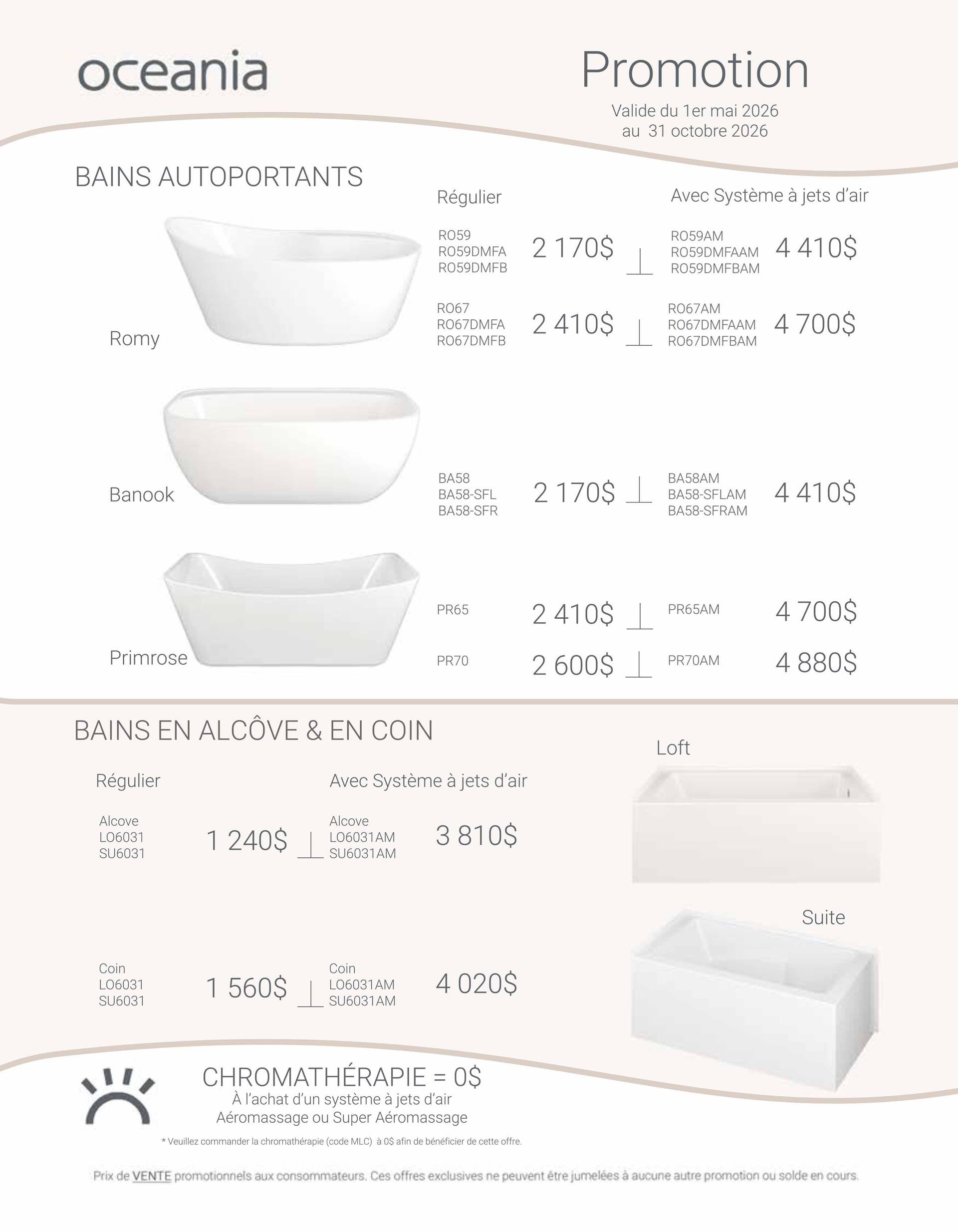 Dépliant promotionnel Océanie présentant des lavabos blancs, des meubles-lavabos et les spécifications des produits sur fond clair.