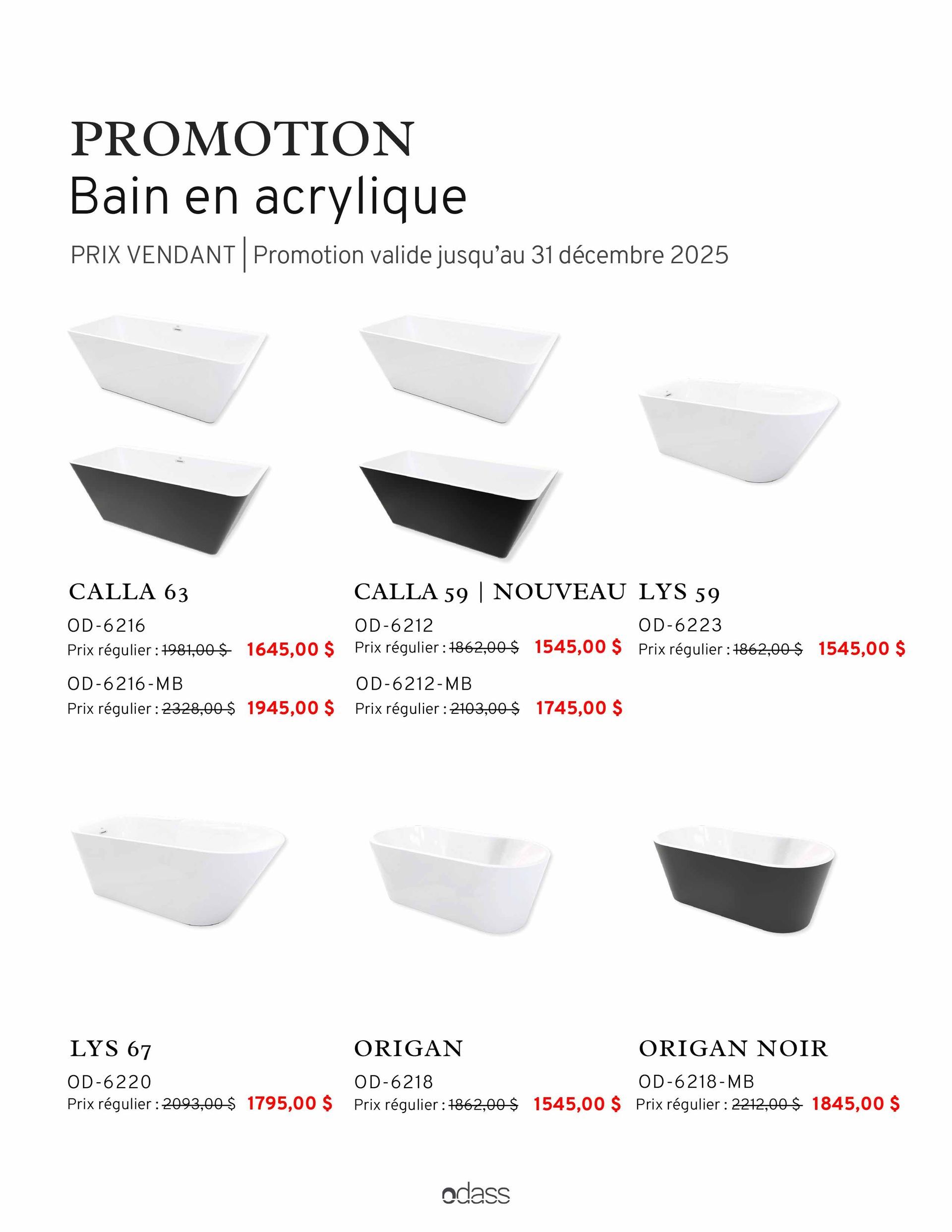 Page de catalogue promotionnel de baignoires acryliques blanches et noires, avec noms de produits et prix.