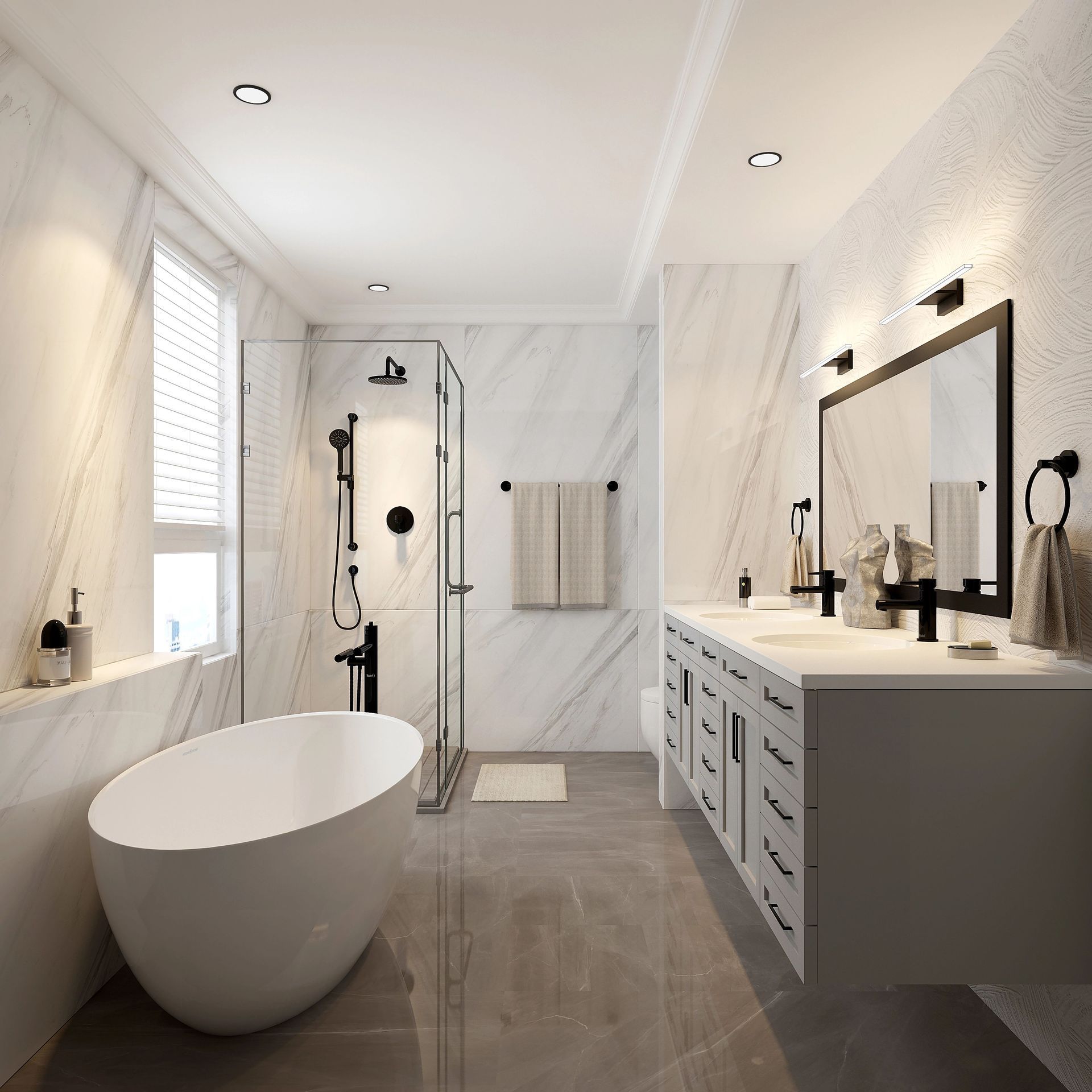 Salle de bain moderne avec murs en marbre, baignoire autoportante, douche en verre et double vasque.