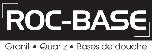 Logo de Roc-Base. Rectangle noir avec texte blanc : Roc-Base. En dessous : « Granit • Quartz • Bases de douche ».