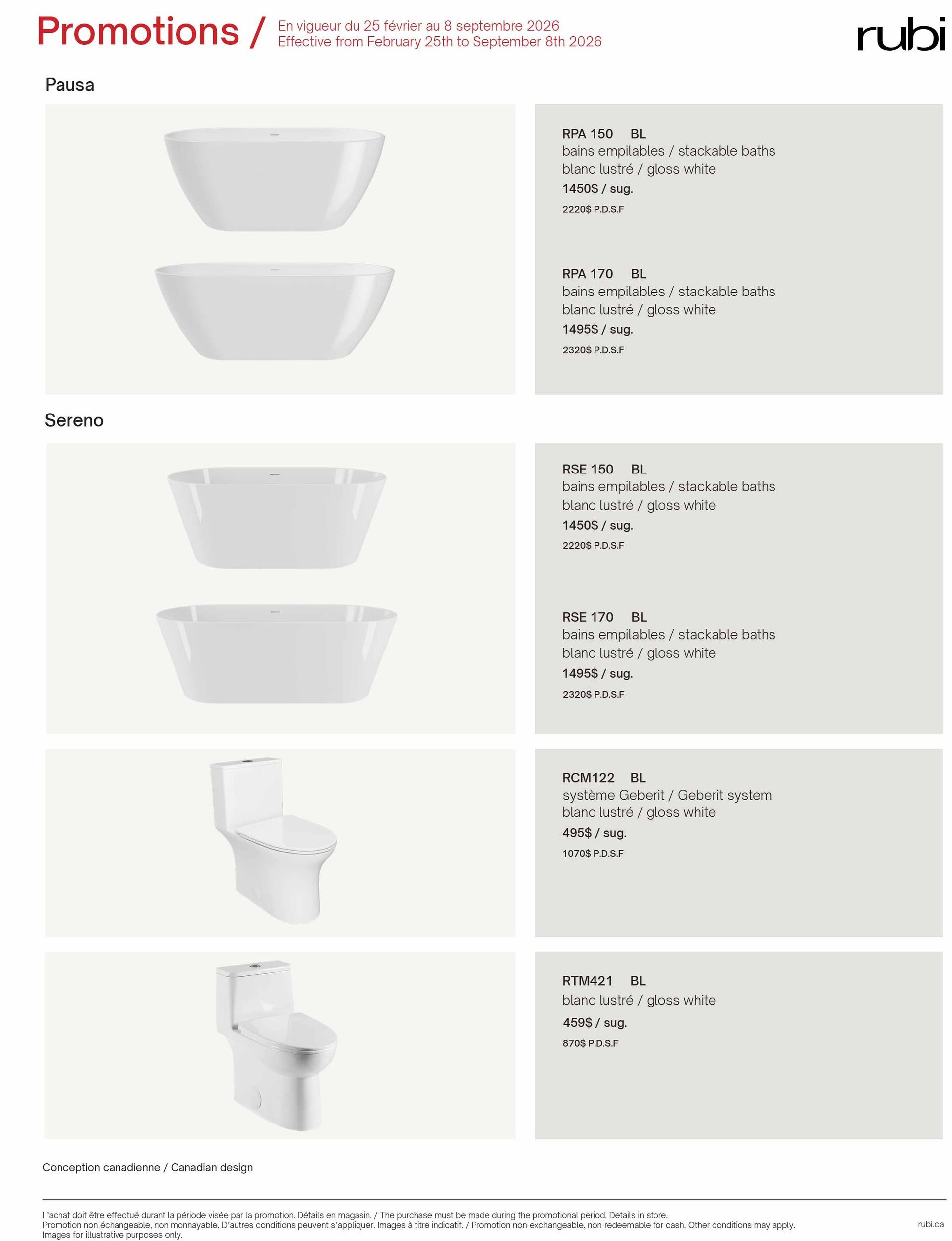 Page du catalogue de produits présentant les accessoires de salle de bain blancs avec leurs dimensions et spécifications.