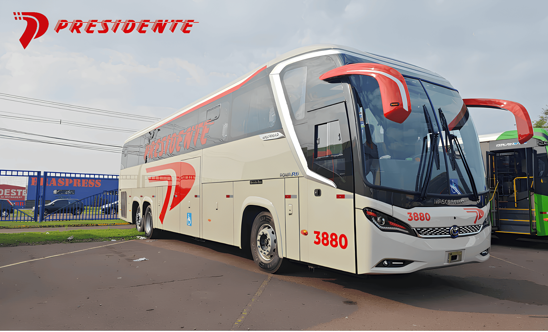 Ônibus de turismo Presdente branco e vermelho estacionado ao ar livre, vista frontal em ângulo, número de frota 3880 visível.