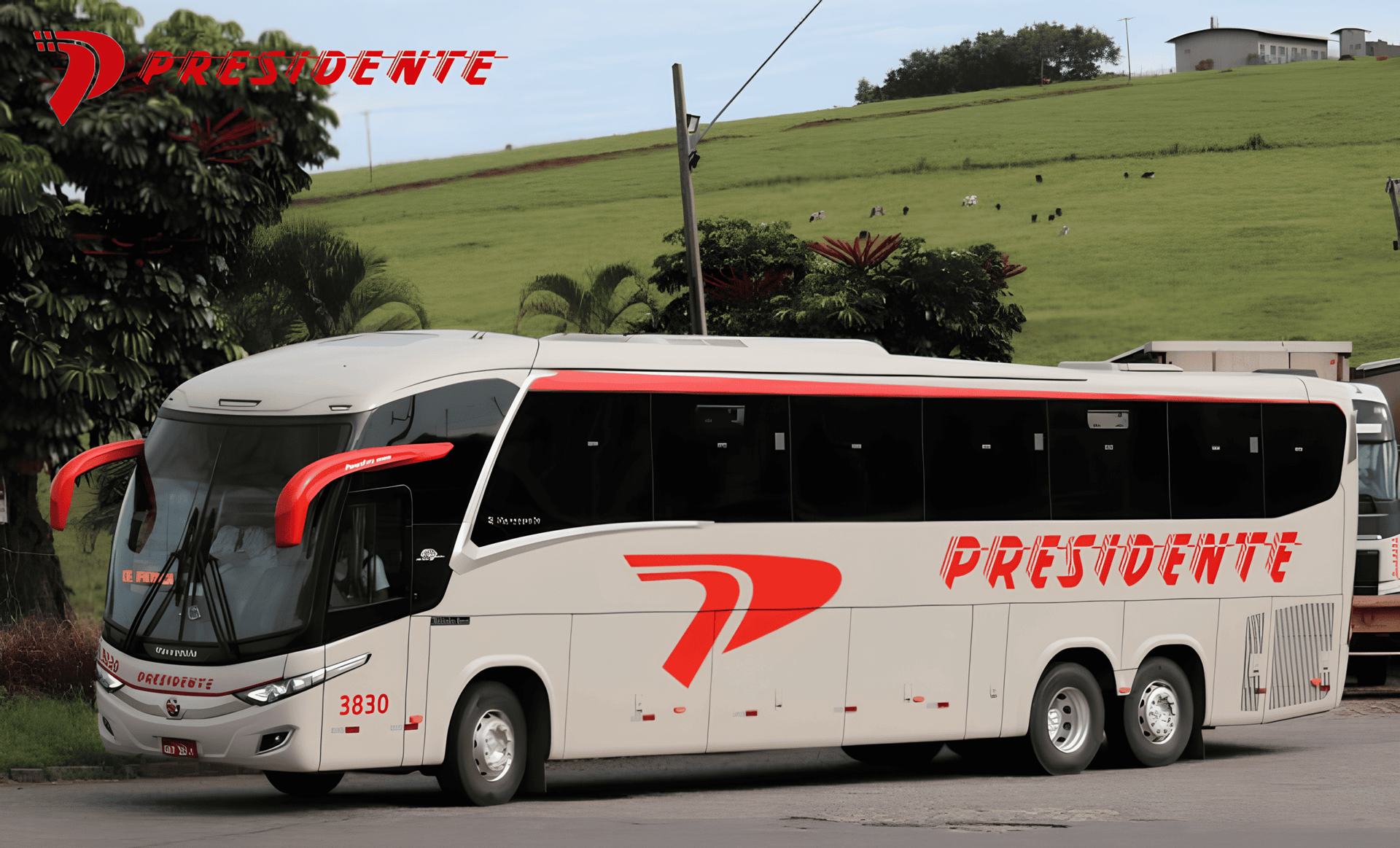 Ônibus de turismo PresiDente branco estacionado em uma encosta verde, com letras e detalhes em vermelho.