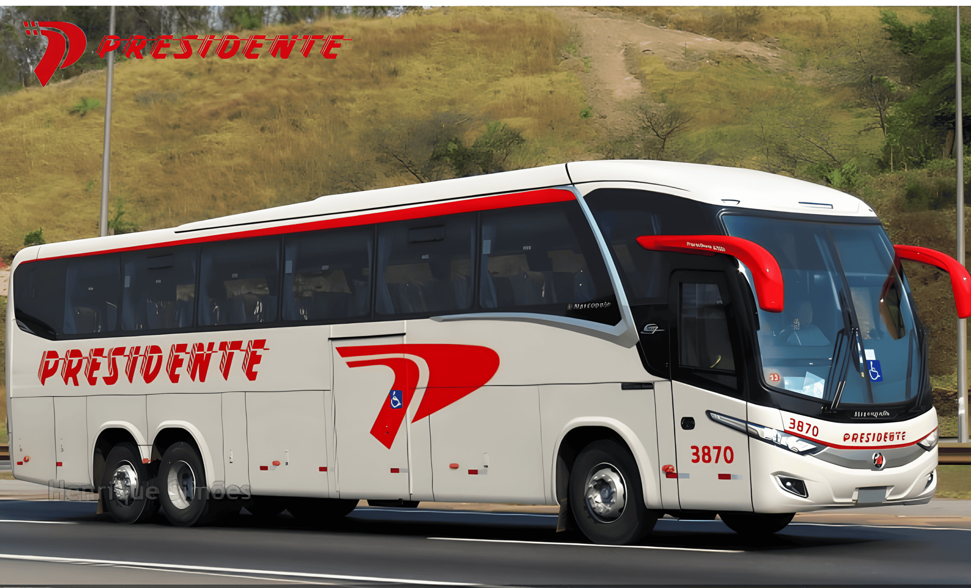 Ônibus de passageiros branco e vermelho trafegando em uma rodovia, com a inscrição