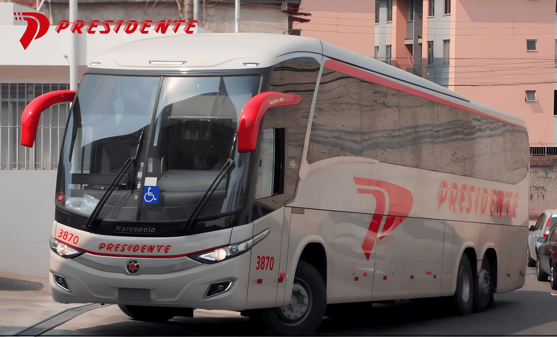 Ônibus de turismo PRESTO/Prestowest prateado com espelhos retrovisores vermelhos estacionado em área urbana.