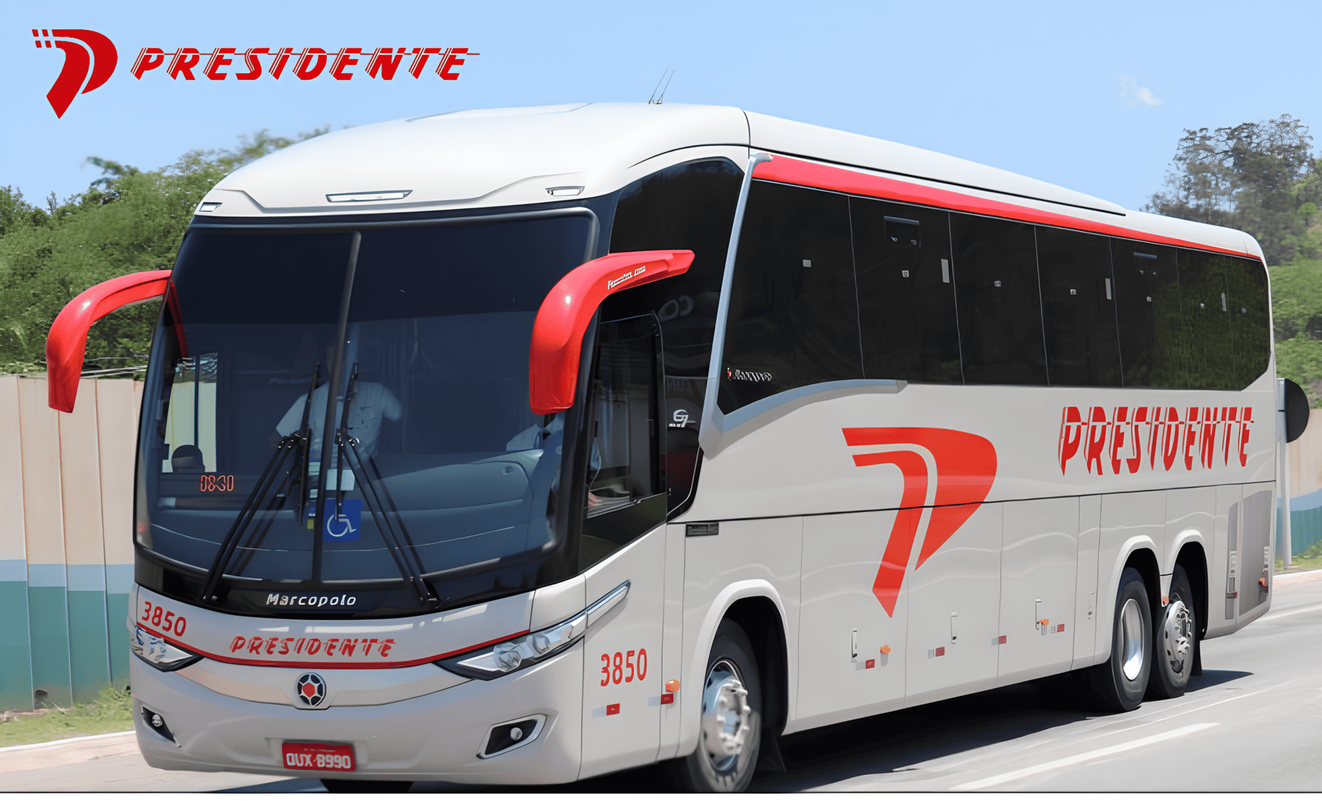 Ônibus de turismo Prestone branco com detalhes em vermelho estacionado ao ar livre em um dia ensolarado.