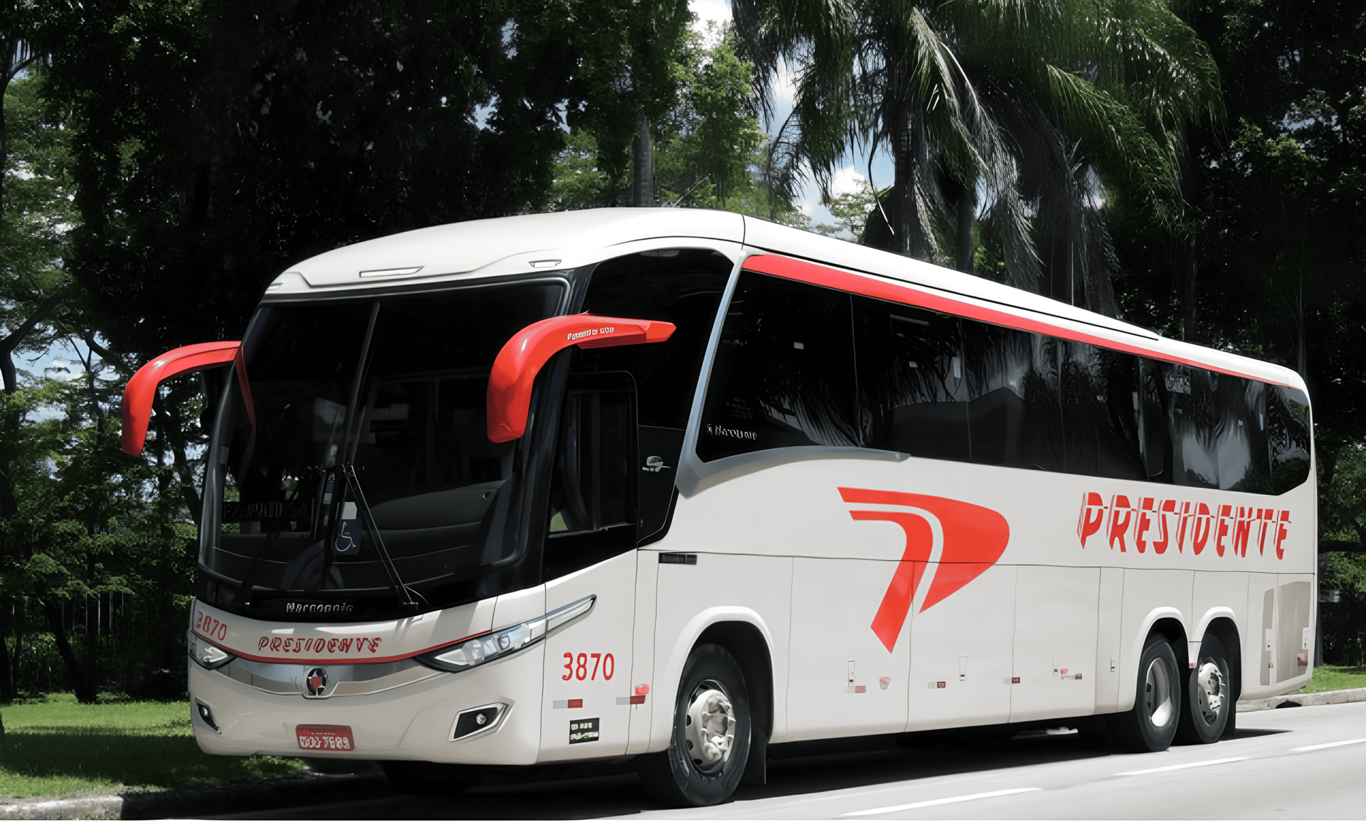 Ônibus de passageiros branco e vermelho estacionado à beira de uma estrada arborizada.