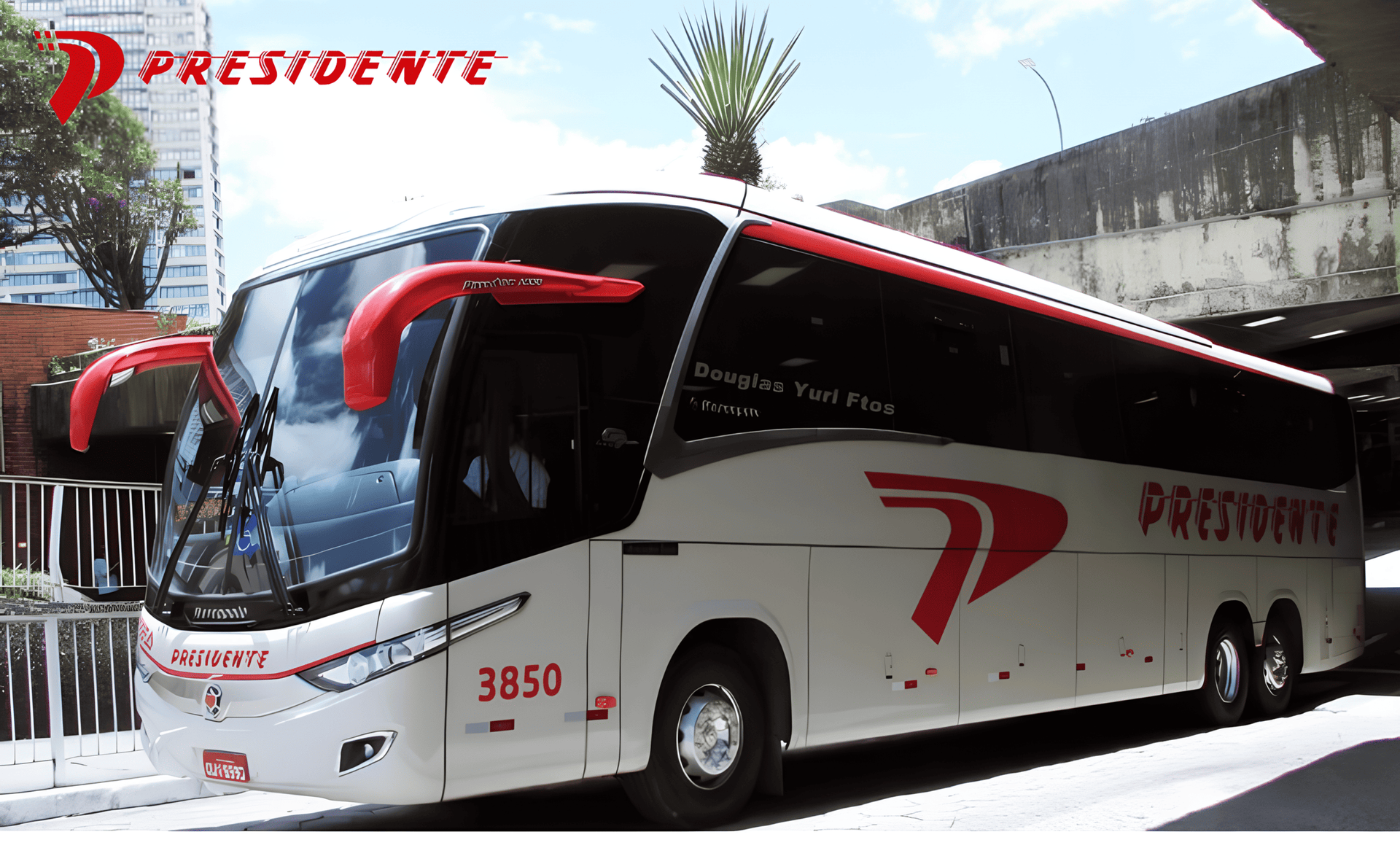 Ônibus Prestowne vermelho e branco estacionado ao ar livre durante o dia.